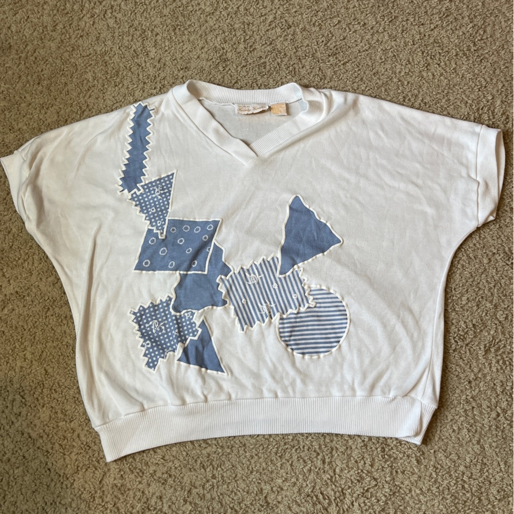 Vintage 90s Sidney Gould Patchwork Women's L Shirt Top White Blur Shapes Block